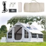 Aufblasbares Campingzelt für 6-8 Personen, 4 Jahreszeiten, Pop-Up-Design, inkl. Luftpumpe, Kaminöffnung, mit Aufbewahrungstasche für Familien