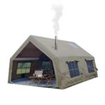 Aufblasbares Zweiraumzelt 4-6 Personen, wasserdicht, Stehhöhe, Luxus, mit Ofenloch, 4,8 x 3,6 x 2,5 m, Oxford Armeegrün Familienzelt