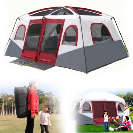 Campingzelt für 8-12 Personen, 2 Schlafzimmer, doppelschichtig, wasserdicht, winddicht, Kuppelzelt mit eingenähter Bodenplane, ideal für Camping