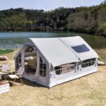 Luftzelt aufblasbar 6-8 Personen, mit Kaminöffnung, Luftpumpe, Dachfenster, wasserdicht, 4 Jahreszeiten Familienzelt für Camping